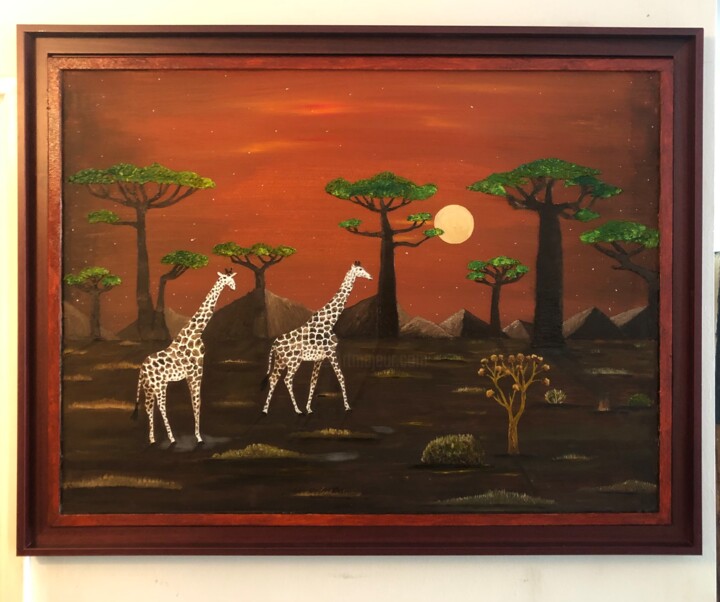 Girafes et lune rousse 绘画, 23.6x31.5 in