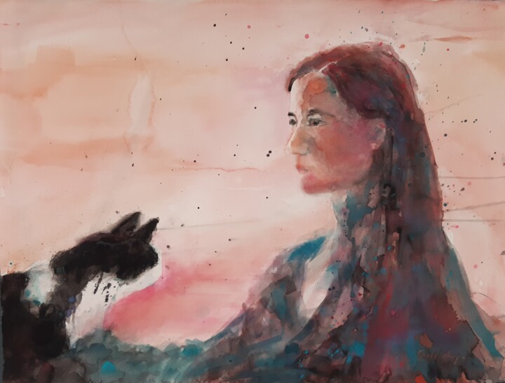 Mensch und Katze 绘画, 22.1x29.9 in