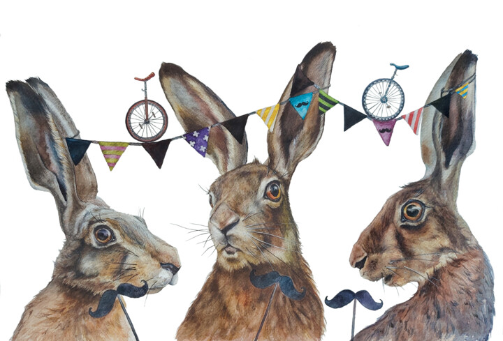 ''Very Happy Hares with Mustaches'' 绘画, 15x22.1 in