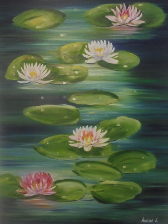 Painting titled "WATER LILY POOL" by Liubov Aristova, Original Artwork, Oil