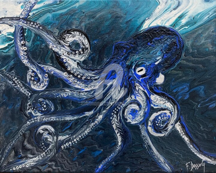 Blue Octopus 绘画, 13x16.1 in