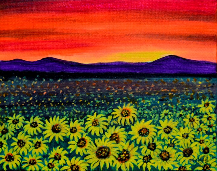 Sunflower fields at sunset landscape 绘画, 8x10 in