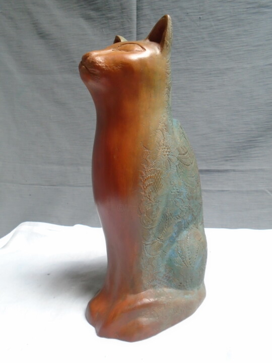 Grand chat assis terre cuite patinée impression de dentelle 雕塑, 12.6x6.3 in