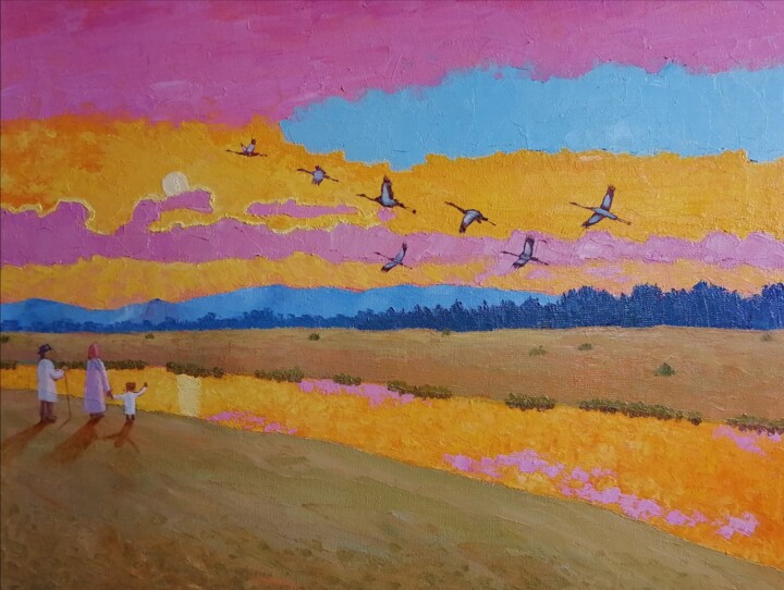 oil painting "Cranes" 绘画, 18.9x23.6 in