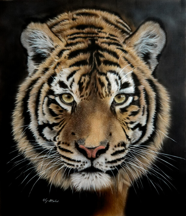 Concentration – silk painted tiger portrait 绘画, 26.4x21.7 in