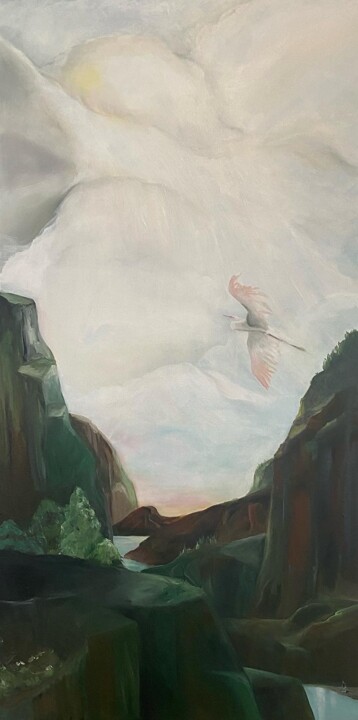Le héron et la falaise, PA se demande si l'eau est froide 绘画, 39.4x19.7 in