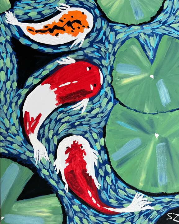 Koi Fish Pond 绘画, 24x18 in