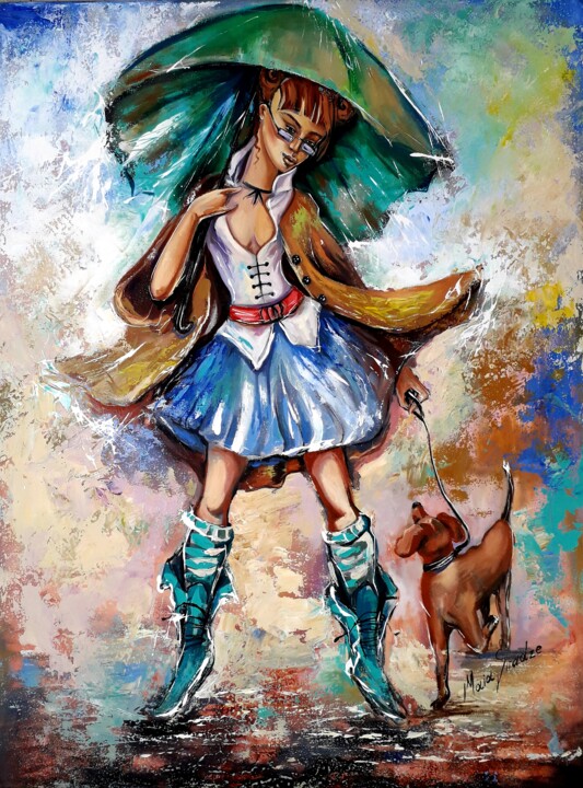 Girl with a dog 绘画, 31.5x23.6 in
