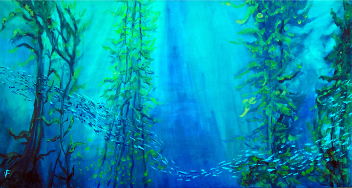 Shoal of fish on sea bottom. Underwater animals. 绘画, 15.8x31.5 in