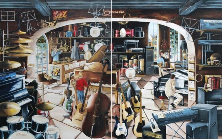 Pintura intitulada "Le magasin de musiq…" por Dominique Pineau, Obras de arte originais