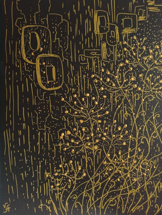 SUMMER - small abstract painting, home art, black and gold 绘画, 15.8x11.8 in