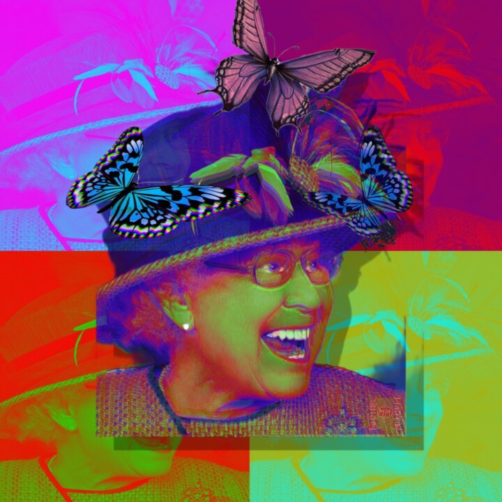 Digitale Kunst getiteld "QUEEN ÉLISABETH II,…" door Michel Martin, Origineel Kunstwerk, Digitaal Schilderwerk Gemonteerd op…