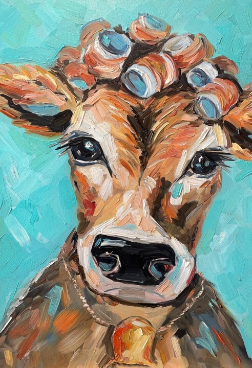 cow in curlers 绘画, 16.5x11.8 in