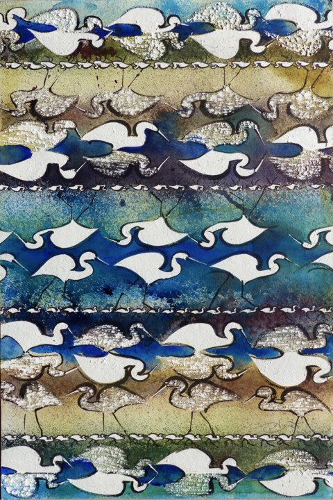 Peinture intitulée "Reflets d'aigrettes" par Agnès Grégis (Au pinceau dansant), Œuvre d'art originale, Aquarelle