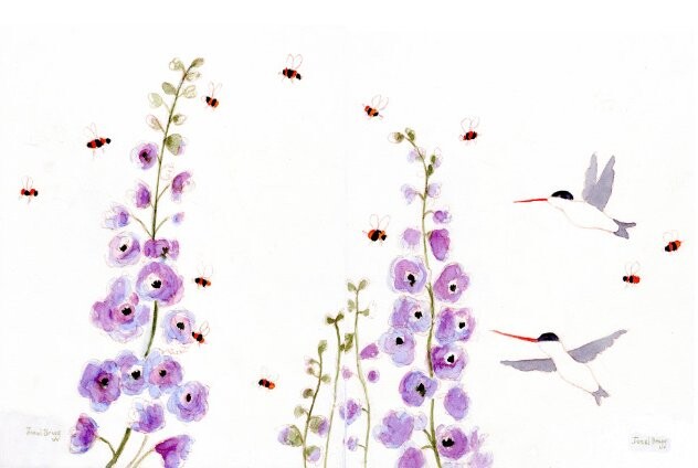 Painting titled "Floral with Delphin…" by Janel Bragg, Original Artwork, Watercolor