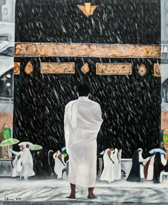 Pilgrims perform Hajj as rain falls on Kaaba 绘画, 24x20 in
