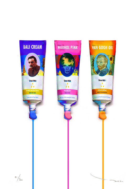 Three Tehos paint tubes ( Dali Warhol Van gogh ) Printmaking, 31.5x23.6 in