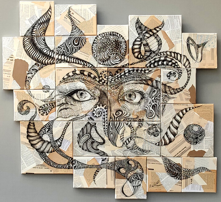 Dessin intitulée "Le Regard d'Athéna" par Alixire, Œuvre d'art originale, Encre Monté sur Châssis en bois