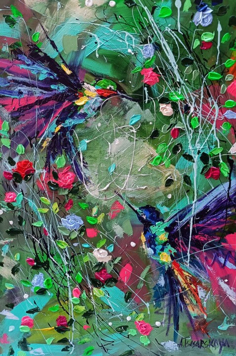 Exotic plants and birds - colorful painting 绘画, 35.4x23.6 in