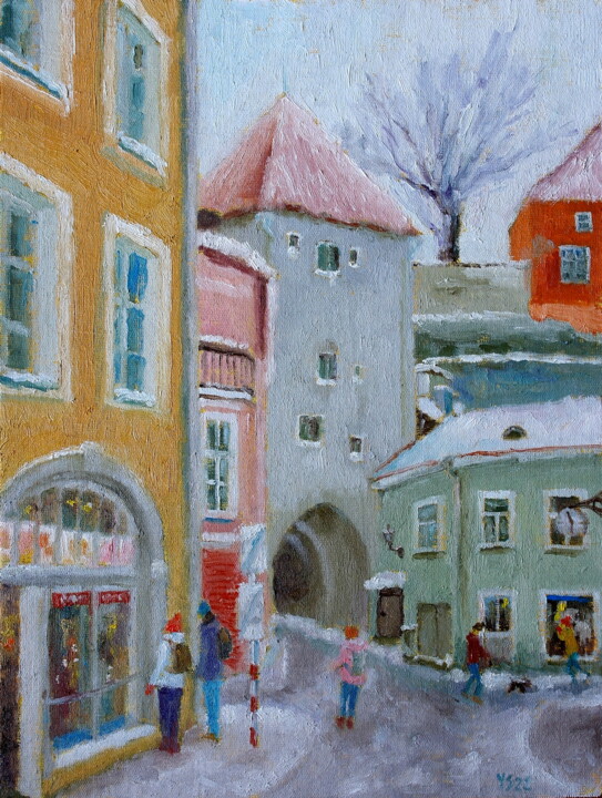 Schilderij getiteld "Old Tallinn, Pikk J…" door Juri Semjonov, Origineel Kunstwerk, Olie Gemonteerd op Karton