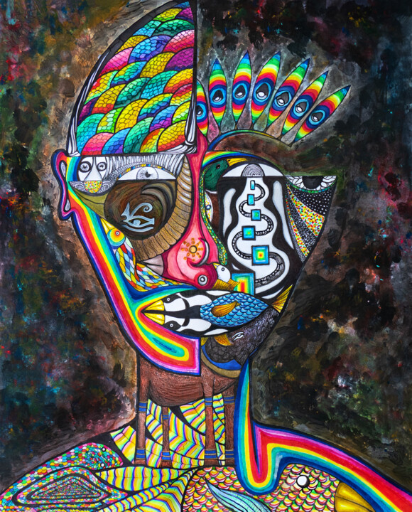 Drawing titled "Hide and Seek" by Sebastien Clermont, Original Artwork, Marker Mounted on Cardboard