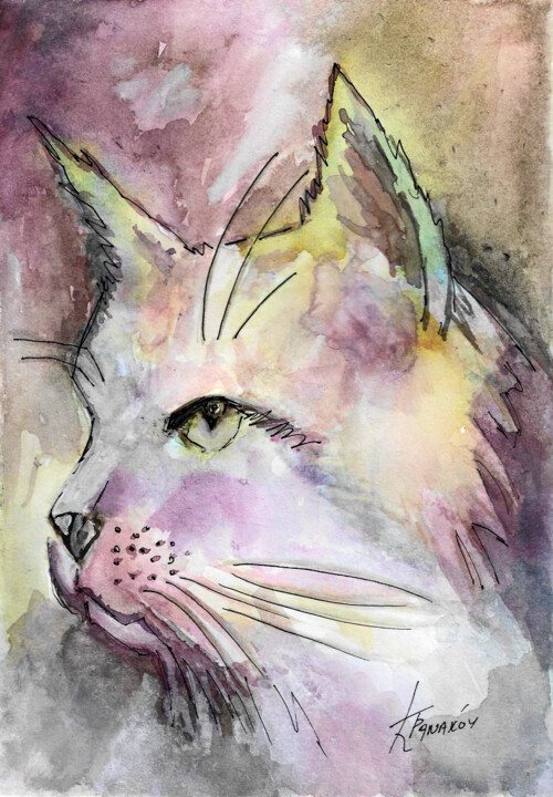 Cat in purple 绘画, 8.3x5.7 in