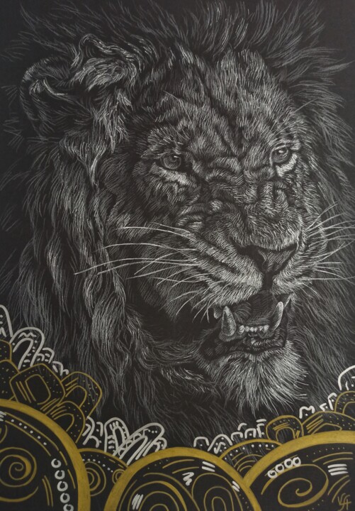 LION STRENGTH - abstract drawing, animal, office art, decor 图画, 16.5x11.6 in