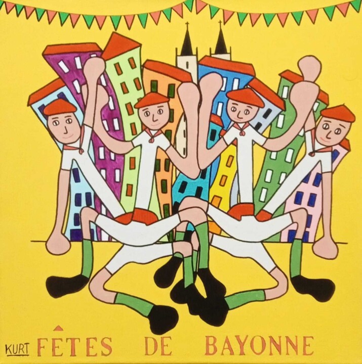 Tableau Naif Acrylique Fêtes de Bayonne 7 绘画, 15.8x15.8 in