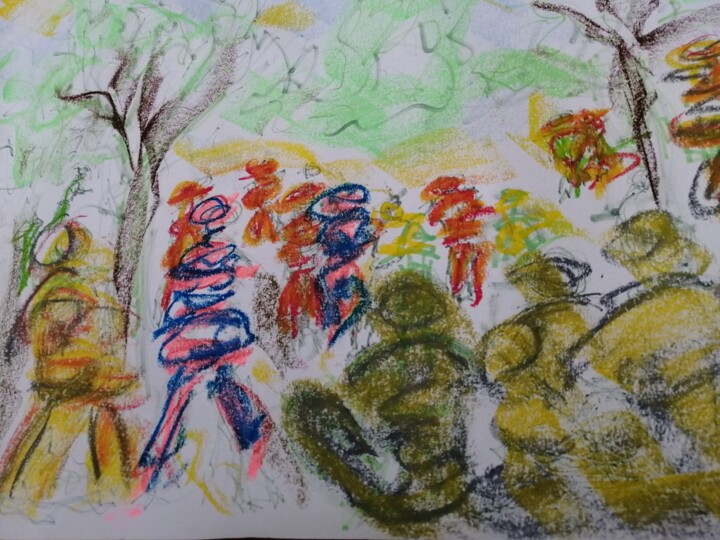 Peinture intitulée "la Fête au village" par Nancy Krief, Œuvre d'art originale, Pastel