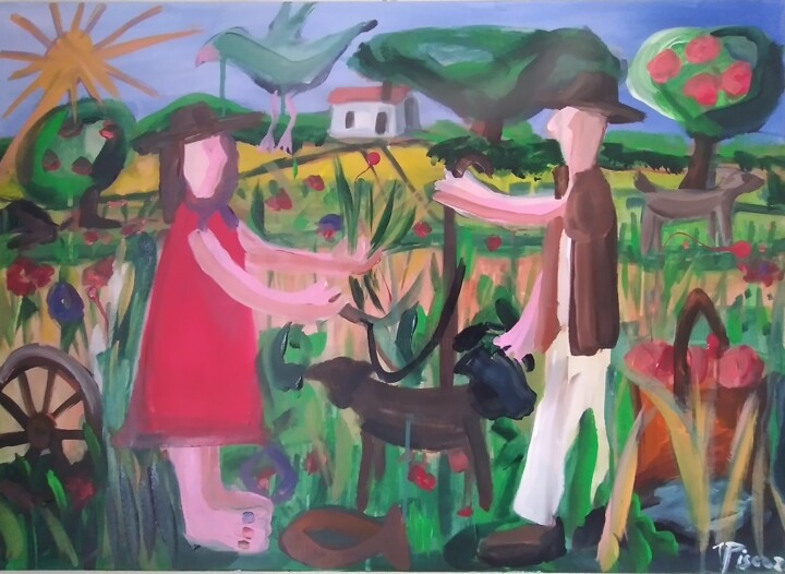 Pastor, ceifeira, ovelha e melro 绘画, 19.7x27.6 in