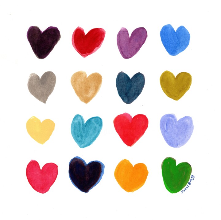 Painting titled "Square of Hearts I" by Janel Bragg, Original Artwork, Watercolor