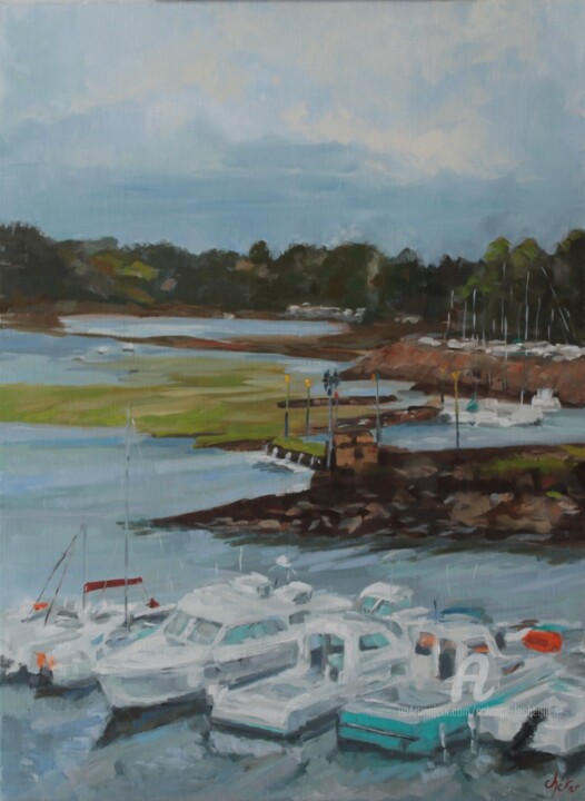 Peinture intitulée "Le Port de Lézardri…" par Chéker, Œuvre d'art originale, Huile Monté sur Châssis en bois