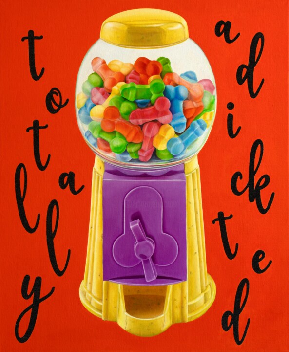 Painting titled "Totally Adickted" by Vitalina Desbocada, Original Artwork, Oil Mounted on Wood Stretcher frame