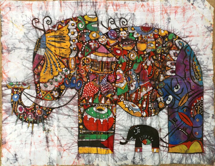 Mother elephant and baby, African art painting 绘画, 35.4x51.2 in