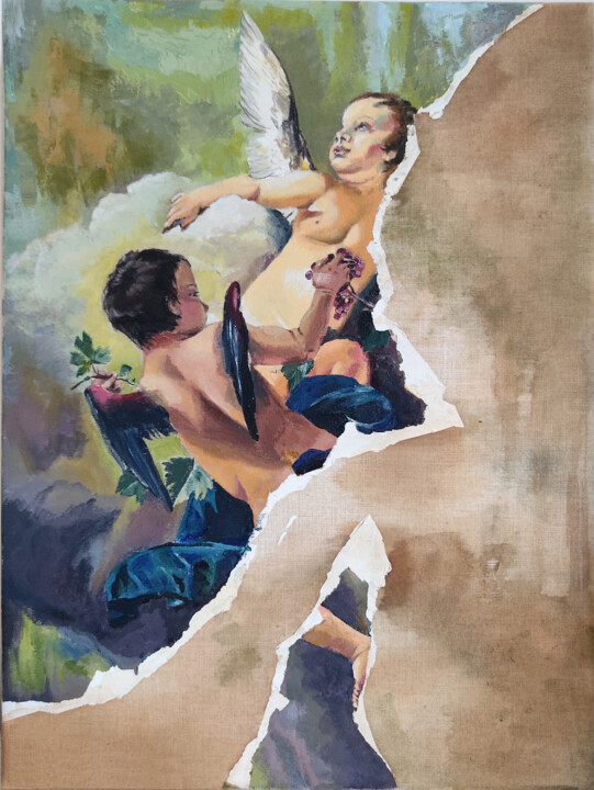 Painting titled "Сupids with grapes" by Zoia Ahatina, Original Artwork, Acrylic Mounted on Wood Stretcher frame