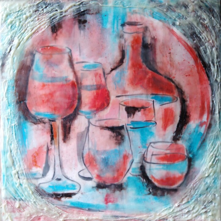 Pintura titulada "Red and turquoise s…" por Liubov Samoilova, Obra de arte original, Encáustico Montado en Otro panel rígido