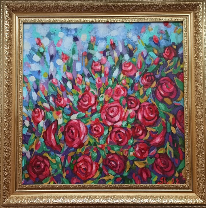 Roses Original Oil Painting On Canvas Colorful Flowers Art 绘画, 15.8x15.8 in