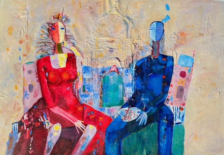 Painting titled "sitting together" by Zobia Shah, Original Artwork, Acrylic