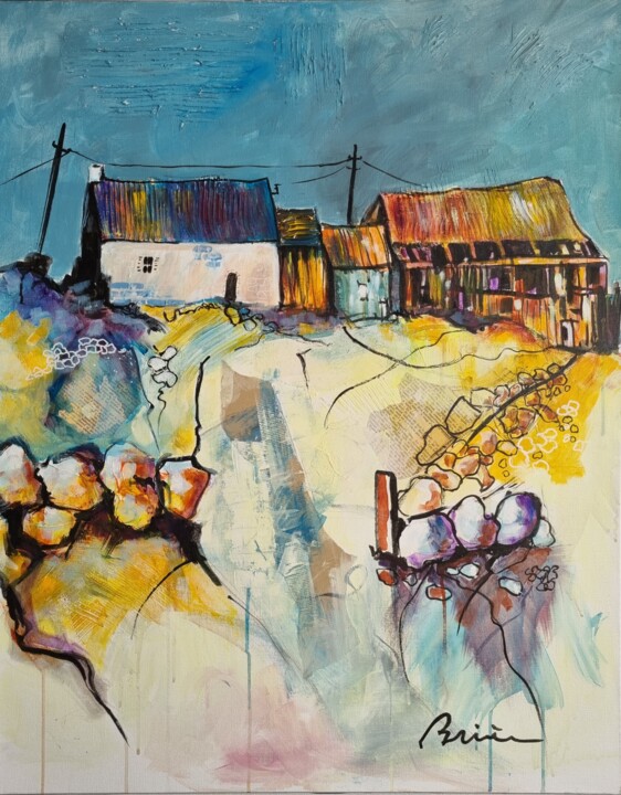 Painting titled "La vieille ferme" by Patrick Briere, Original Artwork, Acrylic Mounted on Wood Stretcher frame