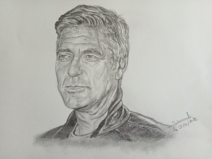 Portrait de Georges Clooney réalisé aux crayons 图画, 11.7x16.5 in