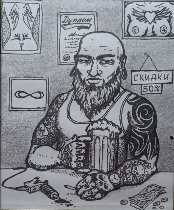 Malerei mit dem Titel "Old school tattooer" von Oleksandr Koval, Original-Kunstwerk, Bleistift