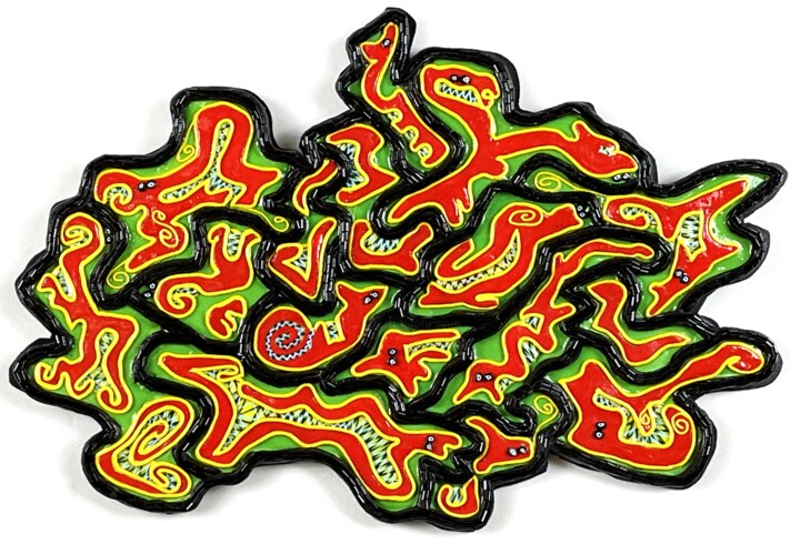 雕塑 标题为“Borders Red & Green” 由Sharon Bachner, 原创艺术品, 镶嵌 安装在木板上