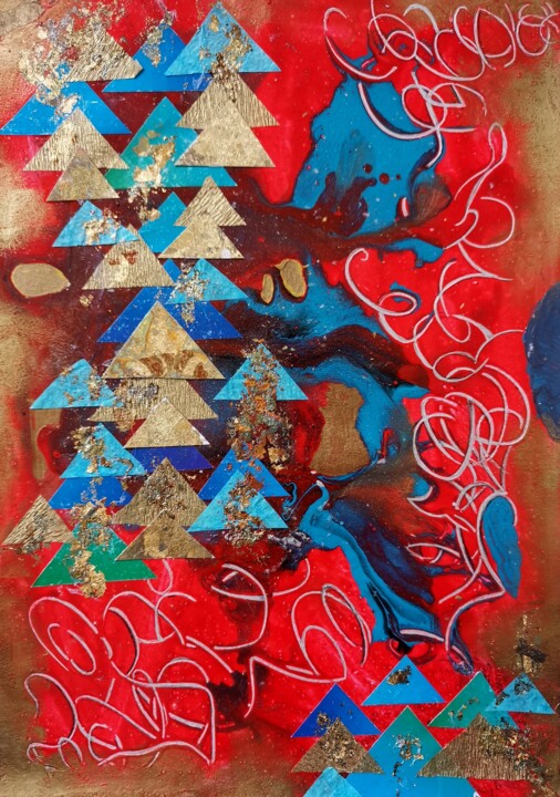 Gold triangles on right red surface Collages, 11x4.7 in