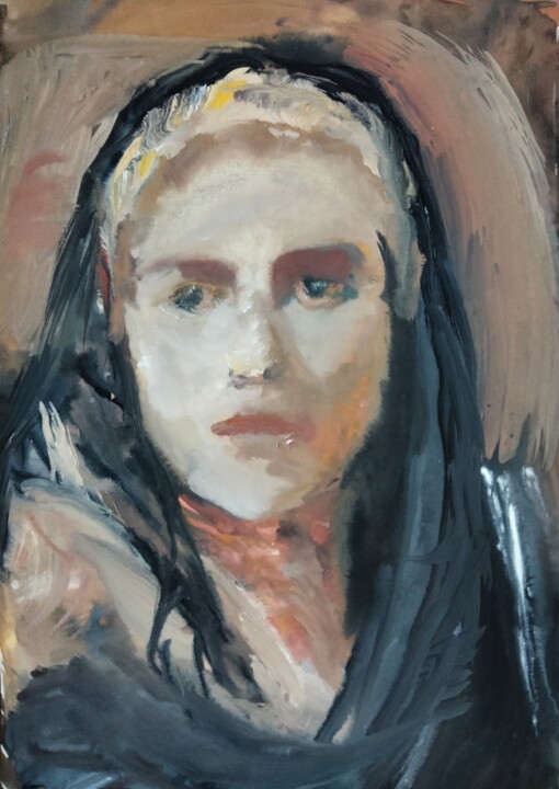 Schilderij getiteld ""Woman with a black…" door Amit Ari, Origineel Kunstwerk, Olie