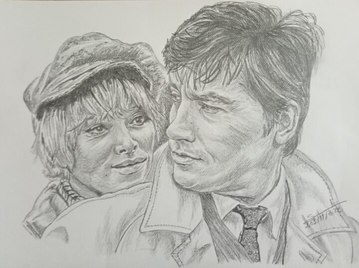 Portrait d'Alain Delon et Mireille Darc réalisé aux crayons 图画, 11.7x16.5 in