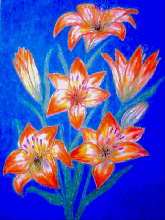 Orange Lilies on Blue 绘画, 16.5x11.8 in
