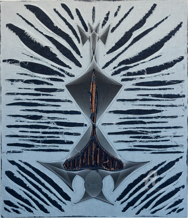 Textile Art titled "Diavolo Nero" by Andrea Simone Peruzzo, Original Artwork, Embroidery Mounted on Wood Stretcher frame