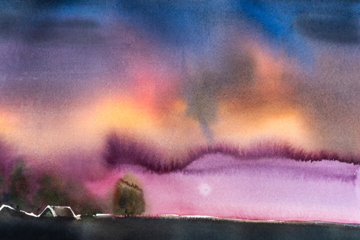 Painting titled "***Landscape #21***" by Yuriy Kraft, Original Artwork, Watercolor