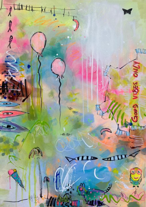 Painting titled "Good Vibes Only No.2" by Beate Garding Schubert, Original Artwork, Acrylic Mounted on Wood Stretcher frame