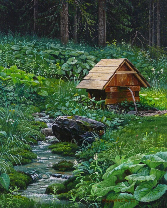 Painting titled "Forest well" by Emil Mlynarcik, Original Artwork, Oil Mounted on Wood Stretcher frame